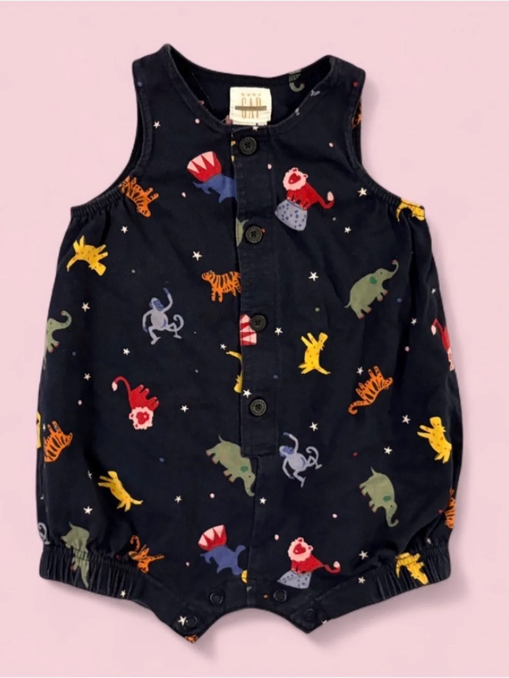 Vintage 1999 Baby Gap Navy Zoo Animal Bubble Romper Sz 6-12 Months Circus Print